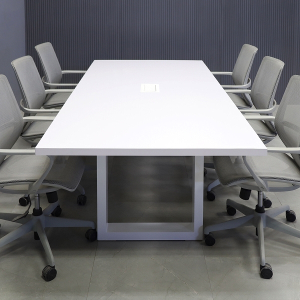 90-inch Newton Rectangular Conference Table in white gloss laminate top and white metal u base, with white MX2 power box, shown here.