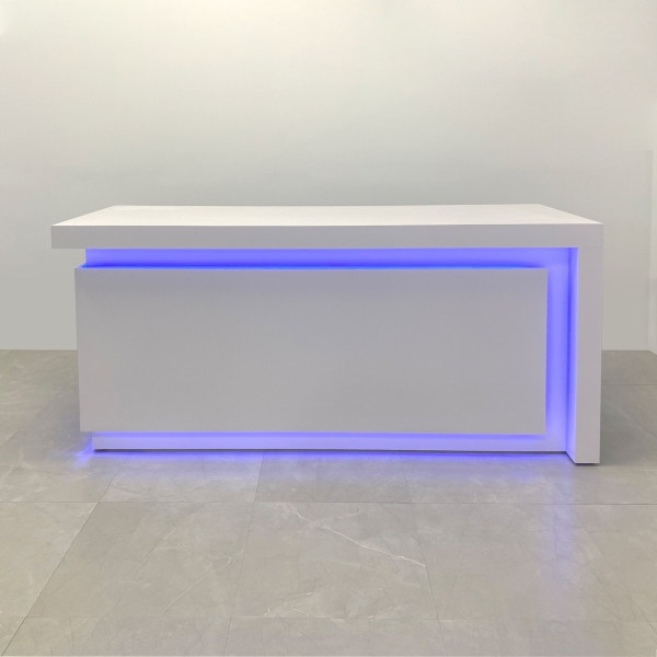 90-inch New York L-Shape Retail Custom Reception Desk in dover off-white matte laminate desk, and color changing LED.
