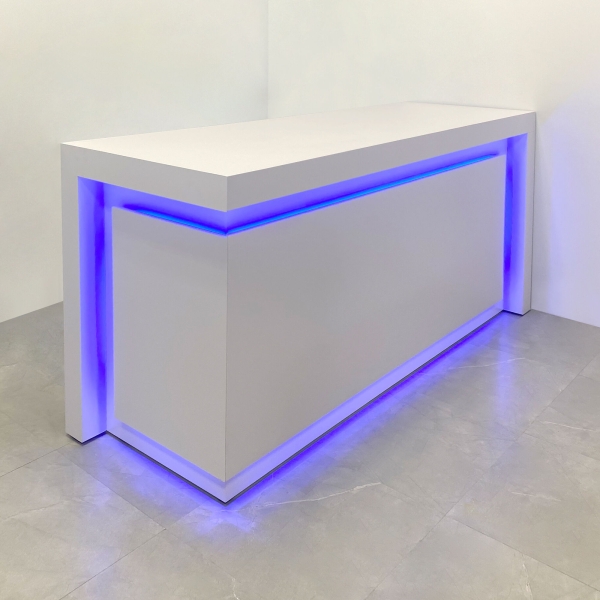 90-inch New York L-Shape Retail Custom Reception Desk in dover off-white matte laminate desk, and color changing LED.