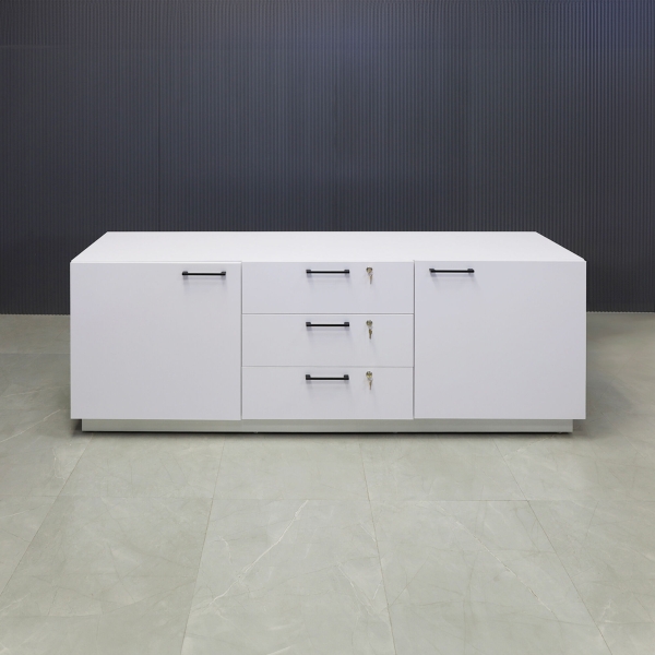 90-inch Manhattan Storage Credenza in white matte laminate credenza, front drawers & doors with 3 locks, and brushed aluminum toe-kick.