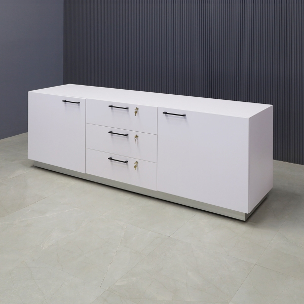 90-inch Manhattan Storage Credenza in white matte laminate credenza, front drawers & doors with 3 locks, and brushed aluminum toe-kick.