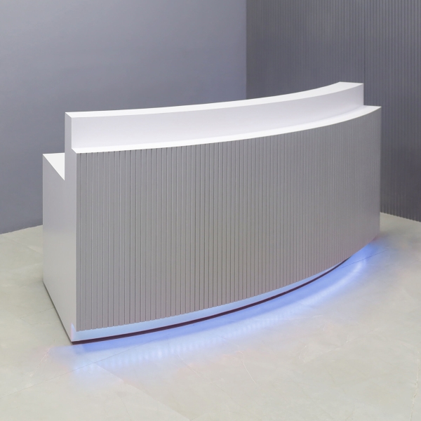 90-inch Seattle X3 Custom Reception Desk in white matte laminate main desk, fog gray tambour front panel, and color changing LED.