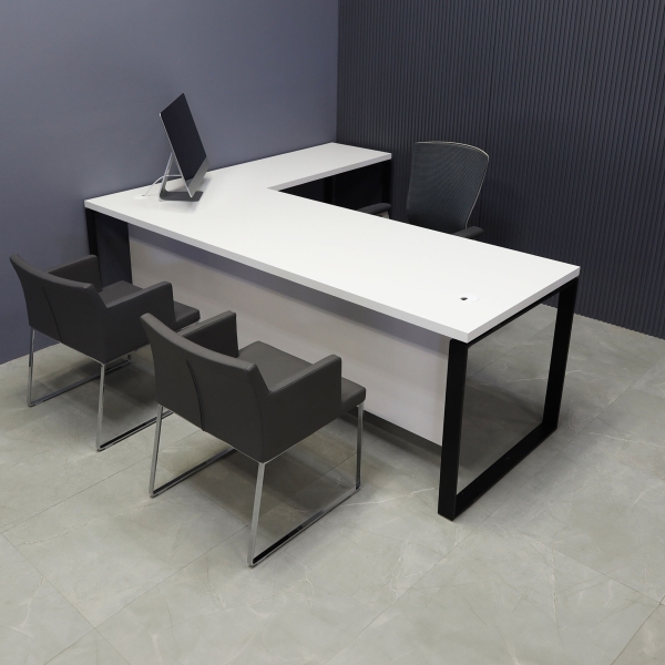 90-inch Aspen L-Shape Executive Desk With Laminate Top, right side return when sitting, in white matte laminate top & privacy panel, and black metal legs, shown here.