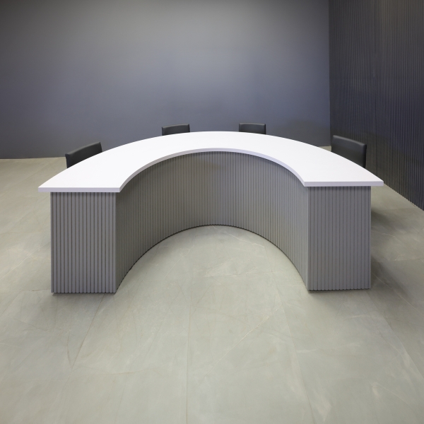 90-inch Modern Custom Podcast Table in white matte laminate top, fog gray tambour front side, and white matte laminate inside.
