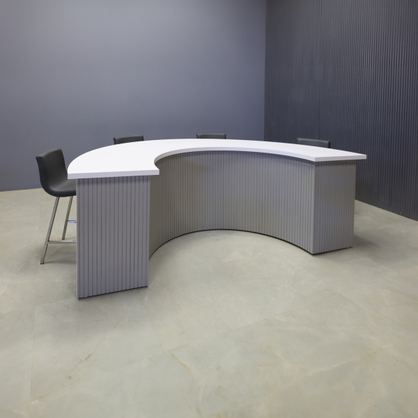 90-inch Modern Custom Podcast Table in white matte laminate top, fog gray tambour front side, and white matte laminate inside.