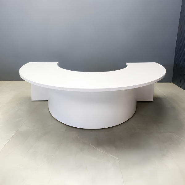 90-inch Modern Custom Podcast Table in white matte laminate top, fog gray tambour front side, and white matte laminate inside.