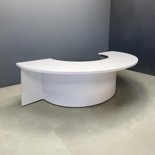 90-inch Modern Custom Podcast Table in white matte laminate top, fog gray tambour front side, and white matte laminate inside.