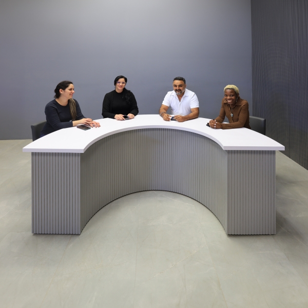 90-inch Modern Custom Podcast Table in white matte laminate top, fog gray tambour front side, and white matte laminate inside.
