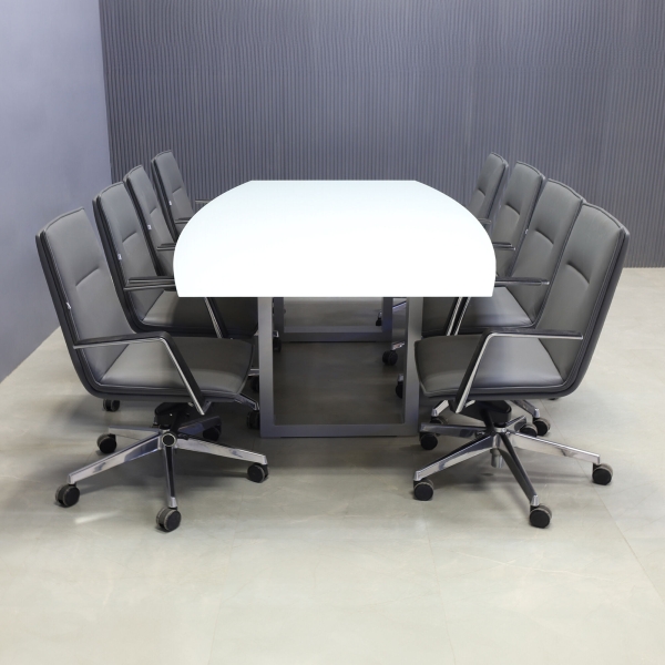 90-inch Omaha Boat Shape Conference Table in 1/2-inch white tempered glass top and silver metal u-legs powder coated.
