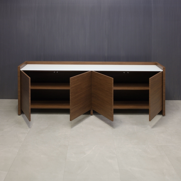 96-inch Aspen Storage Credenza in 1/2-inch white tempered glass top, and walnut heights matte laminate credenza & doors.