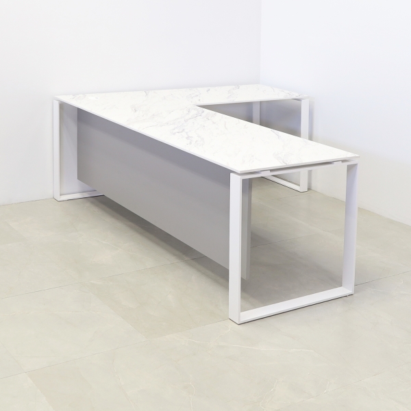 Aspen L-Shape Executive Desk With Engineered Stone Top in calcutta blanc top, folkstone gray privacy panel and white metal legs shown here.