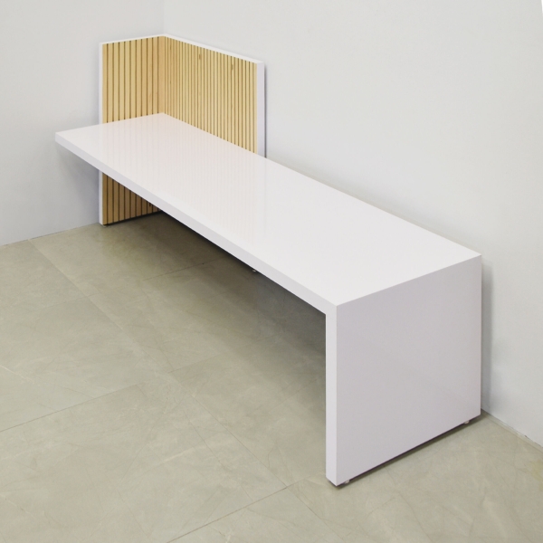 72-inch aXis Bench in white gloss laminate base, and maple tambour wall.