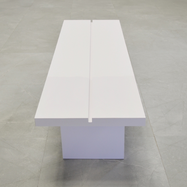 Astoria Slat Bench in white gloss laminate finish shown here.