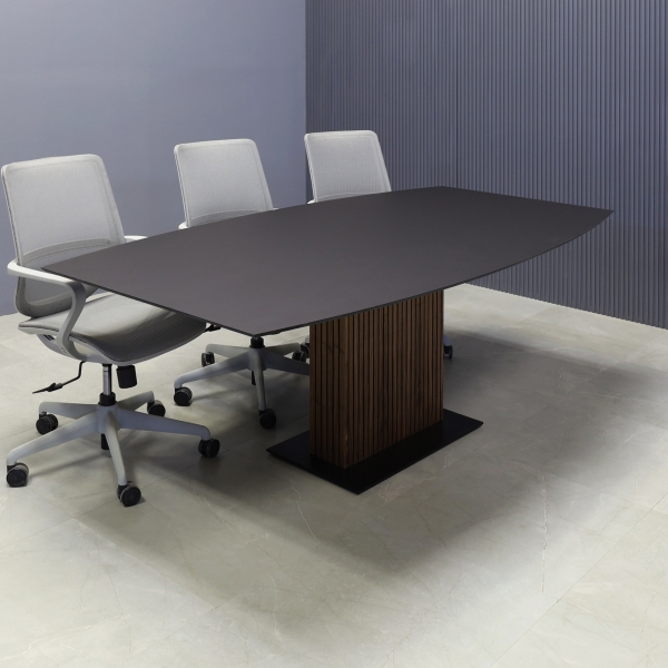 84-inch Aurora Boat Conference Table in 1/2-inch Black traceless engineered surface top, walnut & black tambour pedestal, and black stainless steel base.