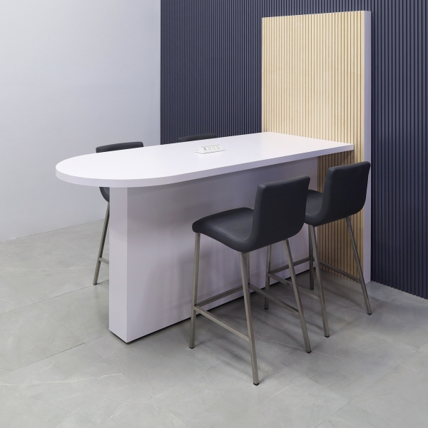 72-inch Weight and 36-inch Height, Westin Standing Collaboration and Training Table in white matte laminate top and base, with maple veneer tambour wall, and 1 white powerbox, shown here.