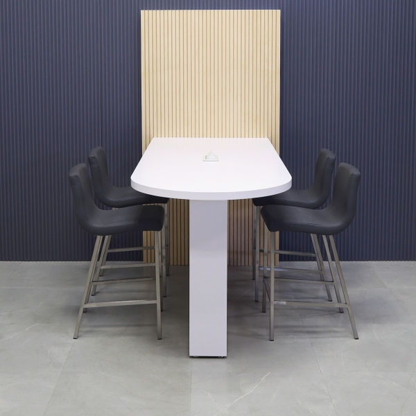 72-inch Weight and 36-inch Height, Westin Standing Collaboration and Training Table in white matte laminate top and base, with maple veneer tambour wall, and 1 white powerbox, shown here.