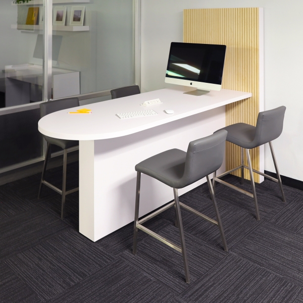 72-inch Weight and 36-inch Height, Westin Standing Collaboration and Training Table in white matte laminate top and base, with maple veneer tambour wall, and 1 white powerbox, shown here.
