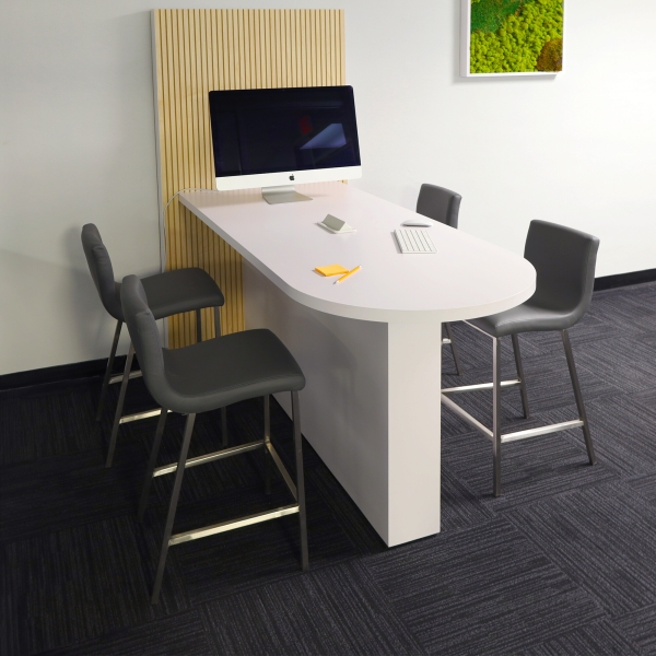 72-inch Weight and 36-inch Height, Westin Standing Collaboration and Training Table in white matte laminate top and base, with maple veneer tambour wall, and 1 white powerbox, shown here.