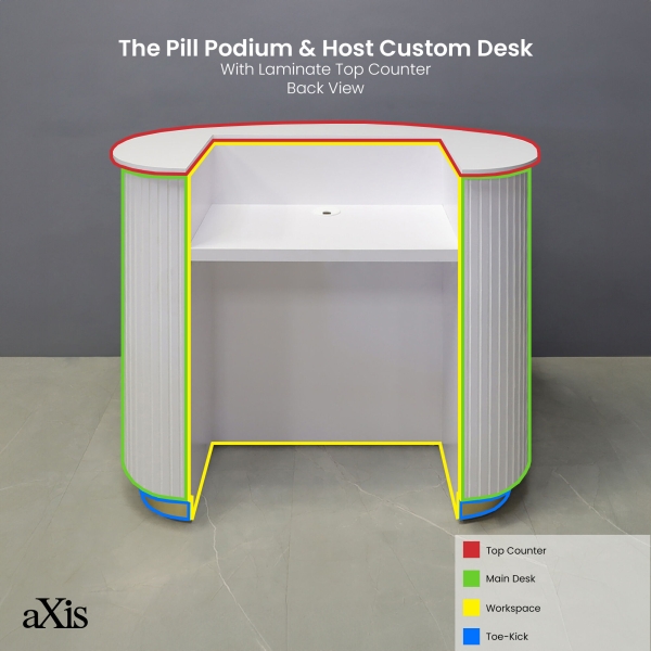 42-inch The Pill Podium & Host Custom Desk in white matte laminate top counter & workspace, white matte tambour main desk, and gold aluminum toe-kick.