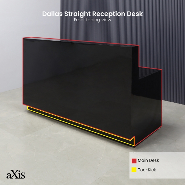 72-inch Dallas Straight Custom Reception Desk in black gloss laminate main desk & toe-kick.