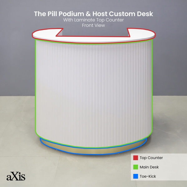 42-inch The Pill Podium & Host Custom Desk in white matte laminate top counter & workspace, white matte tambour main desk, and gold aluminum toe-kick.