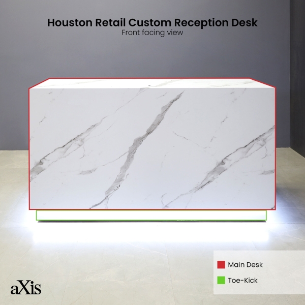 72-inch Houston Retail Custom Reception Desk in calcutta stone PVC main desk, brushed aluminum toe-kick, and warm white changing LED.