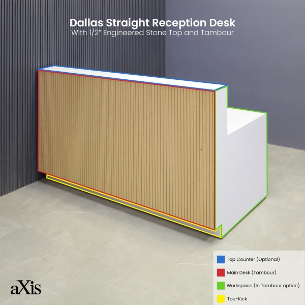 72-inch Dallas Straight Custom Reception Desk in 1/2-inch white solid engineered surface top, maple tambour main desk, and white matte laminate workspace & toe-kick.