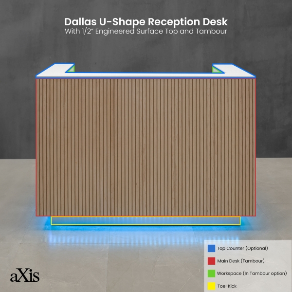 60-inch Dallas U-Shape Reception Desk with 1/2-inch white solid engineered surface top, maple tambour main desk, white matte workspace, brushed aluminum toe-kick, and color changing LED.