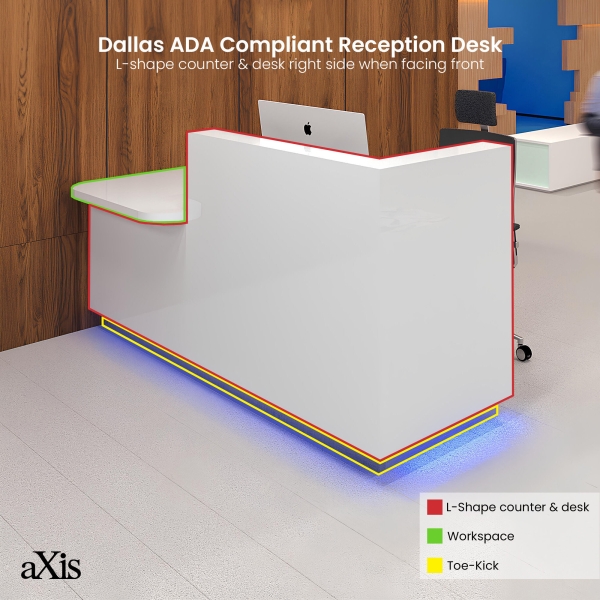72-inch Dallas ADA Compliant Counter Custom Reception Desk, l-shape counter & desk on the right side when facing front, and workspace in white gloss laminate, and brushed aluminum laminate toe-kick, with color changing LED.