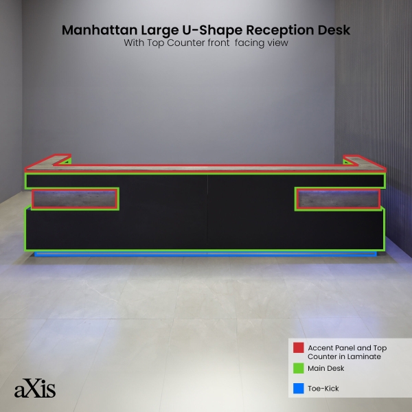 180-inch Manhattan Large U-Shape Custom Reception Desk in metropolitan concrete PVC counter top & accent panel, black traceless laminate main desk, brushed aluminum toe-kick, and color changing LED.