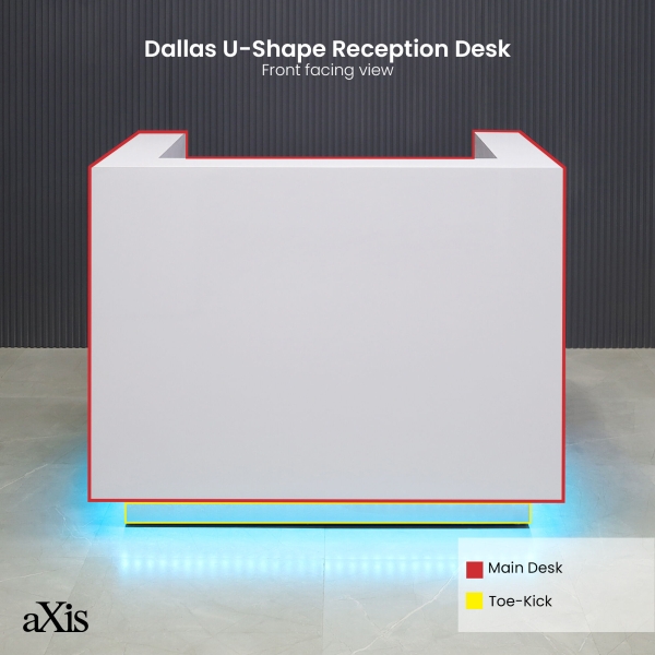 48-inch Dallas U-Shape Custom Reception Desk in white gloss laminate main desk, brushed aluminum toe-kick, and color changing LED.