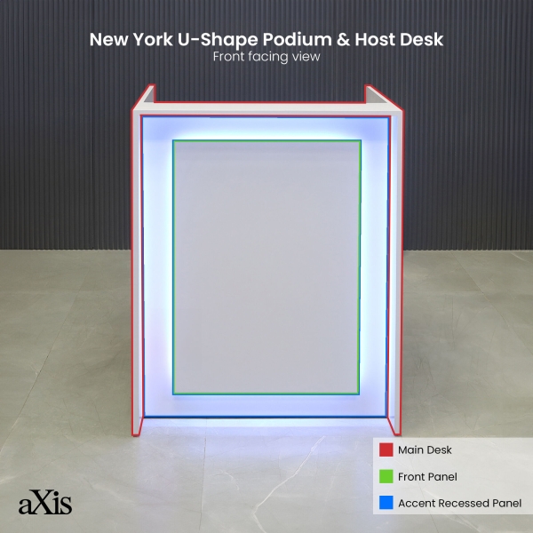 32-inch New York U-Shape Podium & Host Custom Desk in white gloss laminate main desk, front panel & accent recessed, and color changing LED.