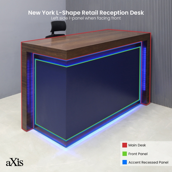72-inch New York L-Shape Retail Custom Reception Desk in colombian walnut matte laminate main desk & accent recessed, navy blue matte laminate front panel, and color changing LED.