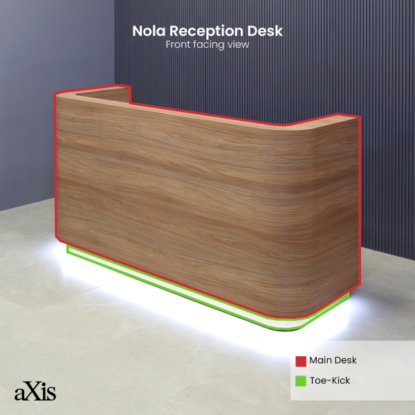84-inch Nola Custom Reception Desk in DISCONTINUED matte laminate main desk, brushed gold toe-kick, and warm white LED.