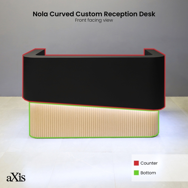 72-inch Nola Curved Custom Reception Desk in black traceless laminate counter, maple tambour bottom, and warm white LED.
