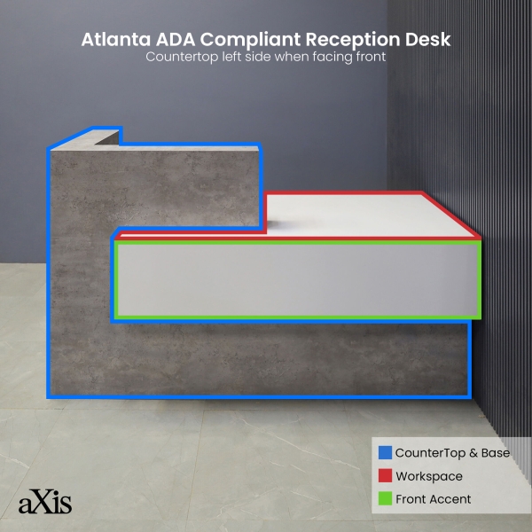 72-inch Atlanta Custom Reception Desk with the countertop & base on the left side when facing front covered in industrial concrete laminate, while the workspace and front panel are covered in white matte laminate.
