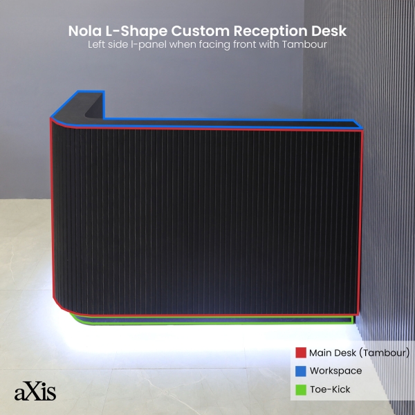 60-inch Nola L-Shape Custom Reception Desk with the l-panel on the left side. The main desk is covered in black traceless tambour, the workspace and toe-kick in black matte laminate, and comes with warm white LED.