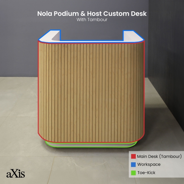 36-inch Nola Podium & Host Custom Desk in maple tambour main desk, and white matte laminate workspace & toe-kick.