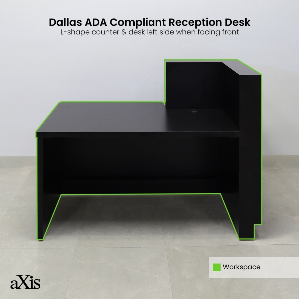 60-inch Dallas ADA Compliant Counter Custom Reception Desk, l-shape counter & desk on the left side when facing front in black matte laminate & workspace, and brushed aluminum toe-kick.