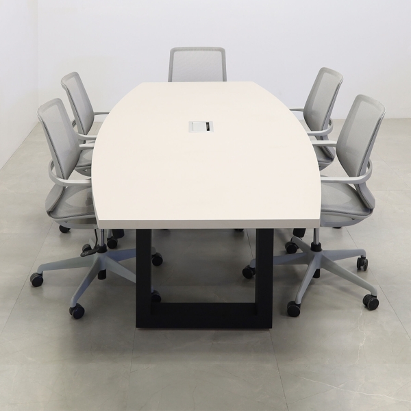 92-inch Newton Boat Shaped Conference Table in beige traceless laminate top, black metal u-legs powder coated, and silver MX3 power box.