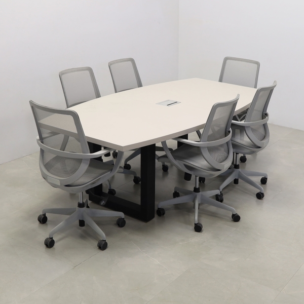 92-inch Newton Boat Shaped Conference Table in beige traceless laminate top, black metal u-legs powder coated, and silver MX3 power box.