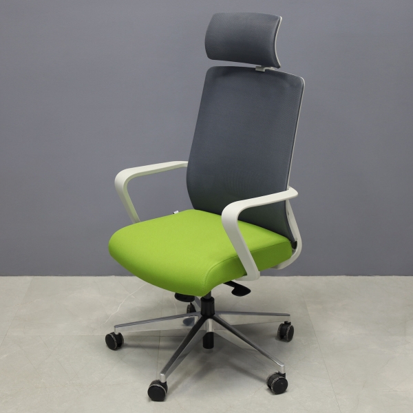 Terra Office Chair with Fixed Arms in light gray mesh back and lime green fabric seat cushion, shown here.