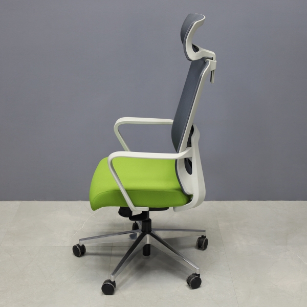 Terra Office Chair with Fixed Arms in light gray mesh back and lime green fabric seat cushion, shown here.