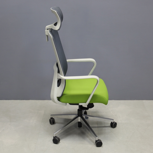 Terra Office Chair with Fixed Arms in light gray mesh back and lime green fabric seat cushion, shown here.