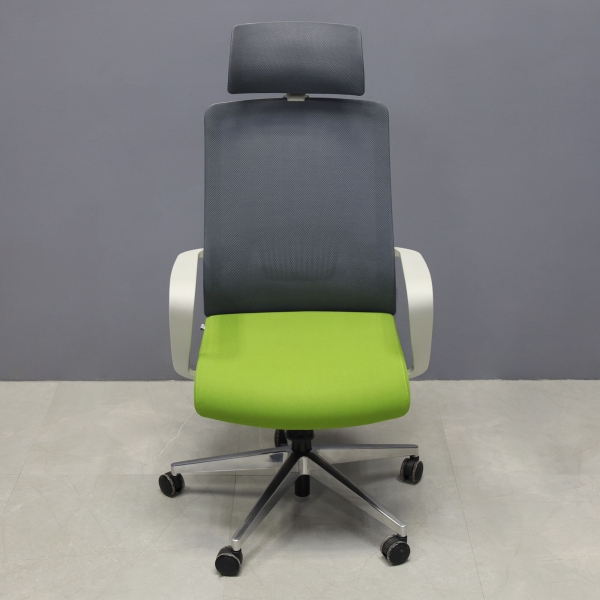 Terra Office Chair with Fixed Arms in light gray mesh back and lime green fabric seat cushion, shown here.