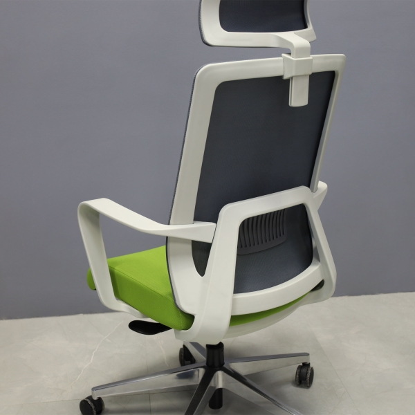 Terra Office Chair with Fixed Arms in light gray mesh back and lime green fabric seat cushion, shown here.