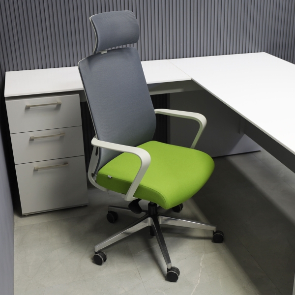 Terra Office Chair with Fixed Arms in light gray mesh back and lime green fabric seat cushion, shown here.