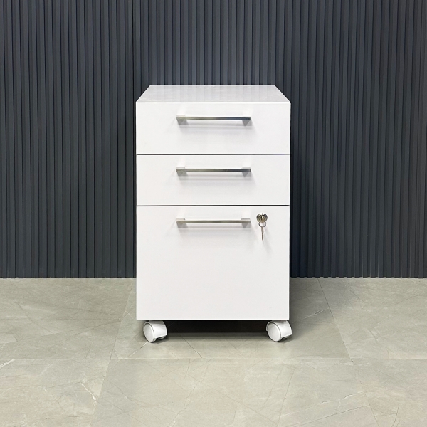Naples Mobile Storage in White Gloss Laminate with lock in third drawer, shown here.