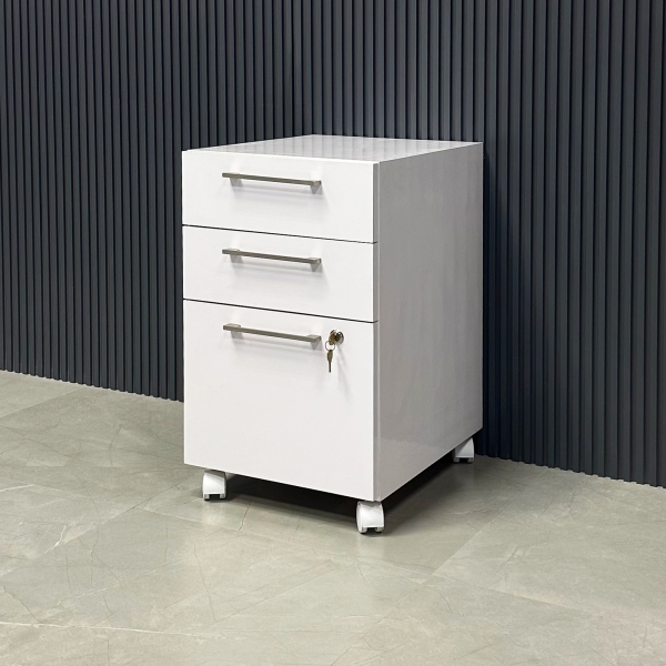 15 3/4 inches Naples Mobile Storage - 3 drawers- W/ Lock in white gloss laminate finish shown here.