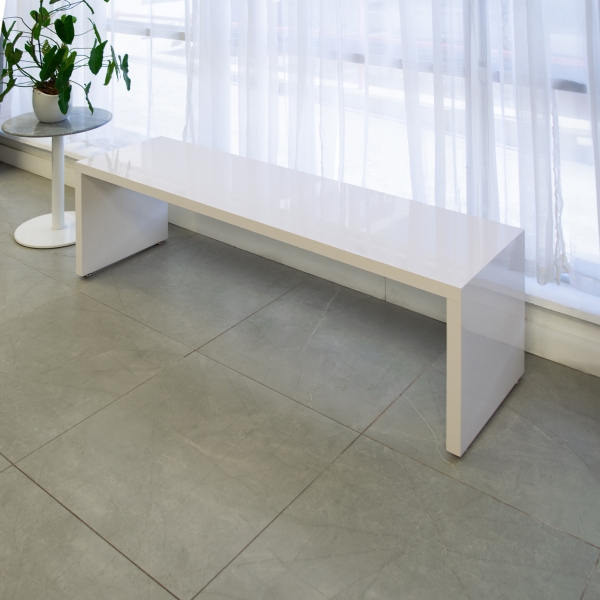 Astoria Bench in white gloss laminate finish shown here.